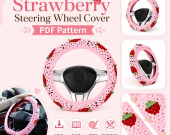 Crochet Strawberry Steering Wheel Cover Digital Pattern, Knitted Car Decorations Tutorial for Beginners, Pink Accessories Download PDF