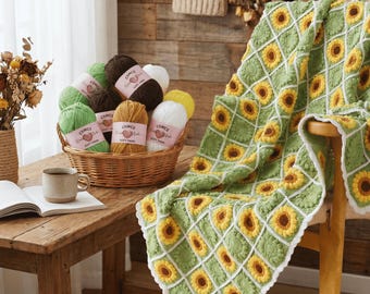 Sunflower Granny Square Crochet Blanket Kit, Beginner Boho Floral Throw, All-in-one Crochet Starter