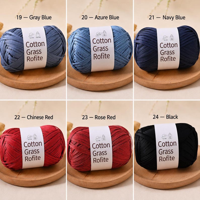 May include: Six balls of Cotton Grass Rofite yarn in colours grey blue, azure blue, navy blue, Chinese red, rose red, and black. Each ball features a white paper label with the text Cotton Grass Rofite and icons of a hat and a bag.