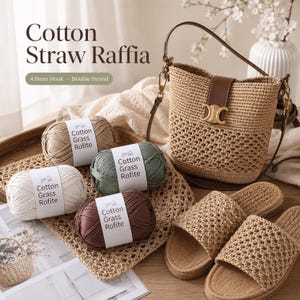 May include: Four skeins of Cotton Grass Rofite yarn in beige, sage green, cream, and brown, each with a white label. A woven straw bucket bag with a brown leather strap and a pair of matching woven slide sandals are displayed alongside the yarn.