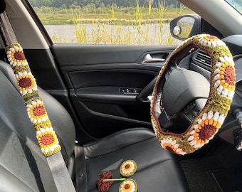 Boho gehaakte stuurhoes voor vrouwen, handgemaakte schattige zonnebloem veiligheidsgordelhoes, oma vierkant patroon auto-accessoires decoraties