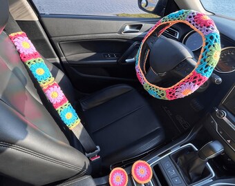 14-15 in gehaakte stuurhoes set, handgemaakte schattige bloemen gordelhoezen, boho cadeau oma vierkant patroon auto-interieur decoraties