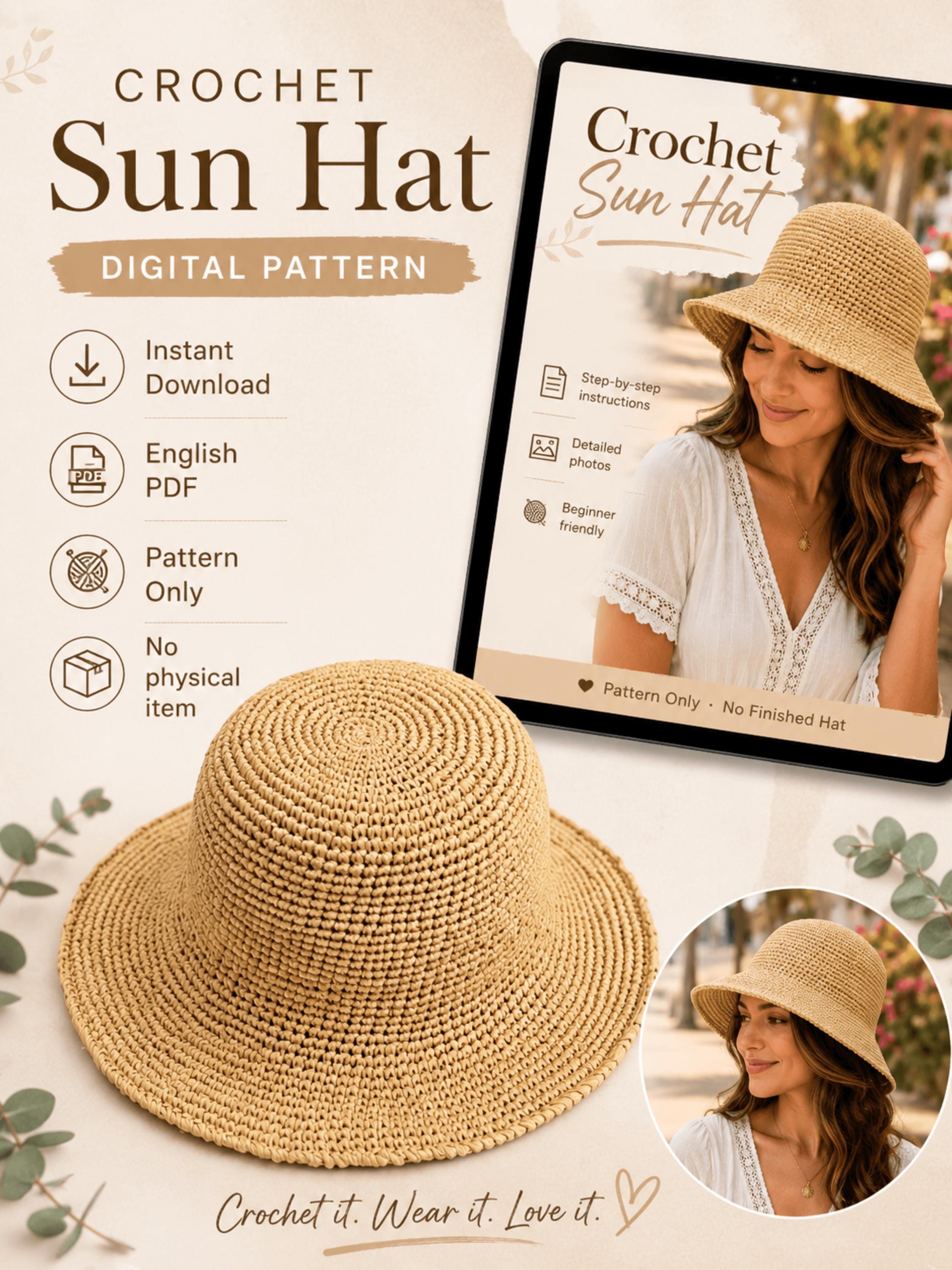 Crochet Sun Hat PDF Pattern, Summer Bucket Hat Tutorial, Straw Raffia ...