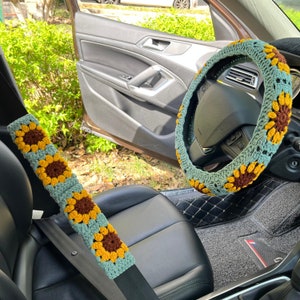 Boho häkeln Lenkradabdeckung für Frauen, handgefertigte Sonnenblume Sicherheitsgurtabdeckung, gestrickte Oma Quadratmuster Autozubehör Dekorationen