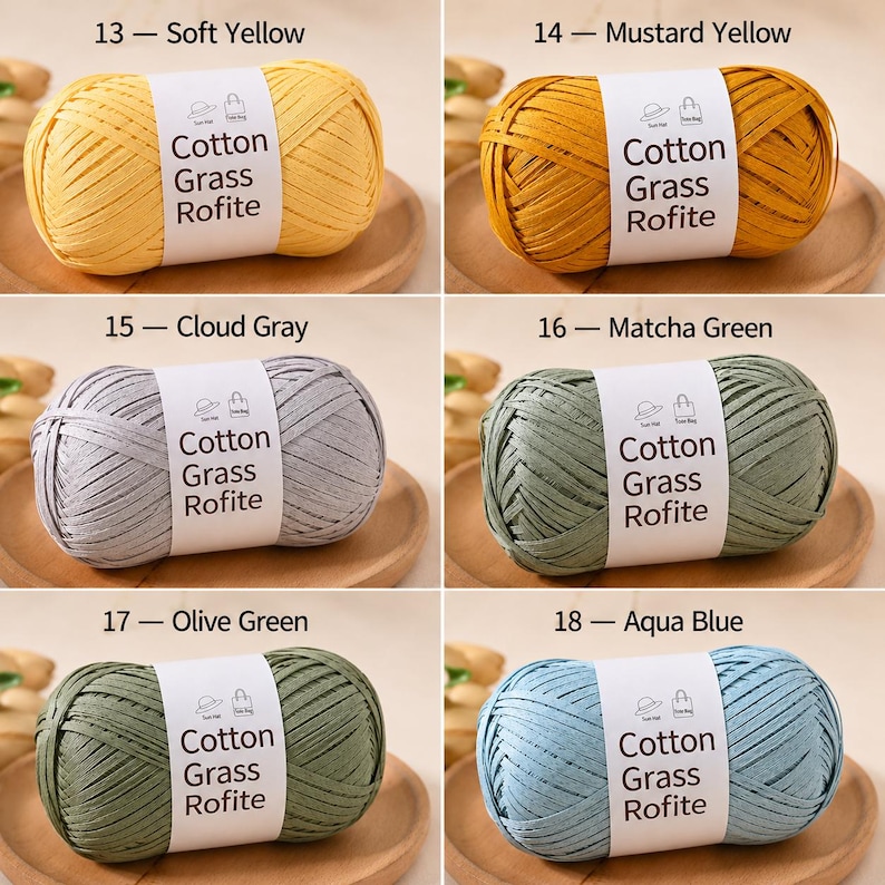 May include: Six skeins of Cotton Grass Rofite yarn in soft yellow, mustard yellow, cloud gray, matcha green, olive green, and aqua blue. Each oval-shaped ball features a white paper label with the text Cotton Grass Rofite and icons of a hat and bag.