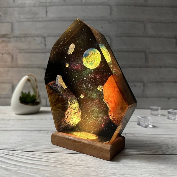 Interstellar Epoxy Lamp - Cosmic Space Night Light | Handmade Resin and Wood Art