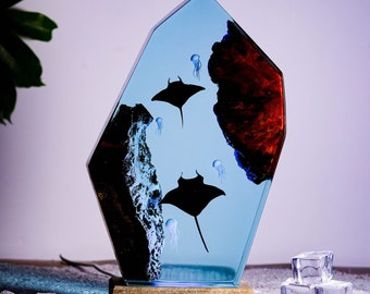 Manta Rays & Jellyfish Night Light | Resin Ocean Lamp | Underwater Home Decor | Unique Gift