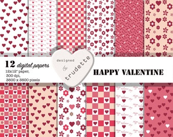 Valentine Digital Paper - Happy Valentine - Love hearts,  12 papers - red hearts