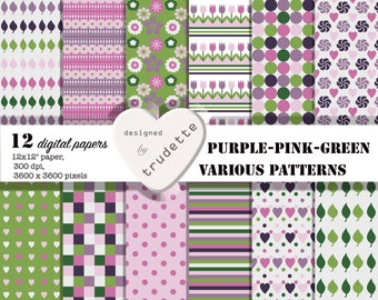 12 Digital Papers, 3 Tone Mixed in Purple Green and Pink, for Personal Use and Small Commercial Use, Scrapbooking, Cardmaking, Floral, Heart