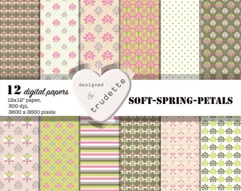 Digital Pastel Paper: Spring Scrapbook Paper, Dusty coloured Digital Scrapbook Paper 12x12, Digital Download  12 Pages, Floral paper