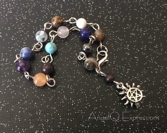 Supernatural Demon Hunter Sun Pentagram Tattoo Rosary Bead Stone Bracelet with Agate, Jasper, Quartz, Tiger’s Eye, Amethyst,  etc.  OOAK