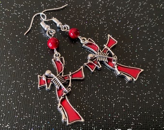 Resurrection Red Skeleton Cross Earrings OOAK
