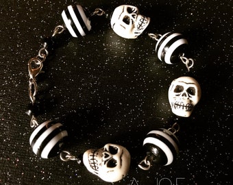 Funhouse Skull Bracelet with Black and White Striped Beads OOAK