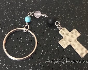 Cross Aromatherapy Keychain with Rose Quartz and Turquoise