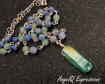 Brigid the Poet’s Muse Beaded Necklace with Aventurine and Mint Dyed Quartz Crystal Point OOAK