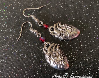 Ammit the Devourer Anatomical Heart Earrings with Red Faceted Glass Beads