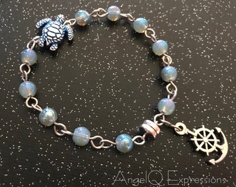 Heleuma a Honu Polu Sea Turtle Beaded Bracelet in Blue with Ship’s Anchor and Wheel OOAK