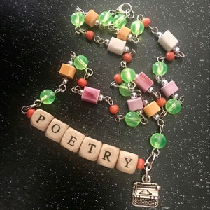 Poetry Lives Beaded Necklace with Typewriter OOAK