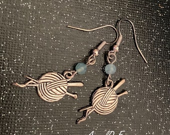 Knotty Gal Hookers and Knitters Yarn Ball Needle Earrings with Blue Quartzite