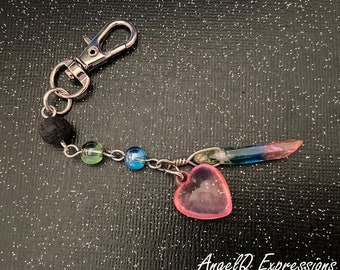 Rainbow Heart Aromatherapy Quartz Point Crystal Keychain Bag Charm OOAK