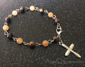 Divine Strength Cross Bracelet with Tiger’s Eye and Peach Aventurine OOAK