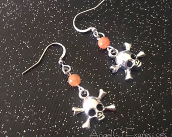 Peachy Poison Skull and Crossbones Earrings with Aventurine