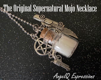 The ORIGINAL Supernatural Mojo Necklace SPN Jewelry with the Salt Vial, Demon Colt, Protection Pentagram, Angel Wing, and Metallicar