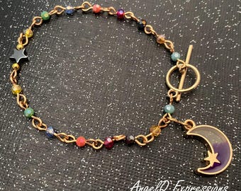Artemis Rising Purple Moon Beaded Bracelet in Gold OOAK