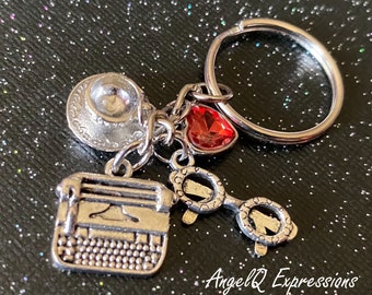 A Writer’s World Keychain with Typewriter, Glasses, and Coffee Cup OOAK