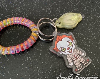 Spooky Safety I Love Horror Evil Clown Pennywise-Inspired Coil Bracelet Keychain with Mini Light