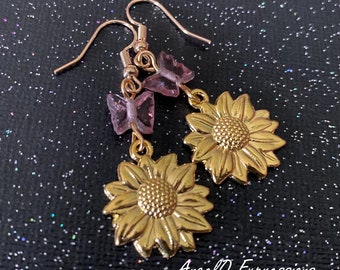 Pendientes con dijes de girasoles y mariposas OOAK