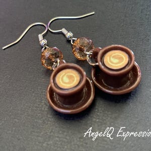 A Cuppa Cappuccino Charm Earrings with Faceted Coffee Brown Glass Rhondelle Beads OOAK