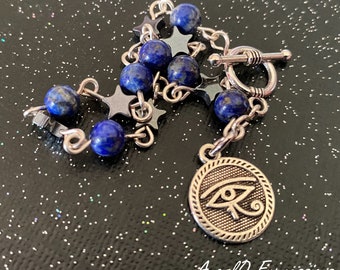 Pulsera con cuentas Celestial Minds Eye of Horus con lapislázuli y hematita OOAK