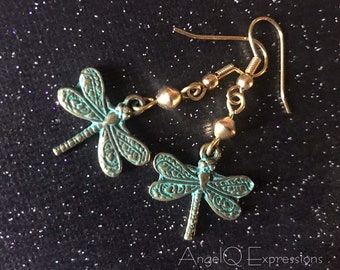 Golden Flight Dragonfly Earrings OOAK