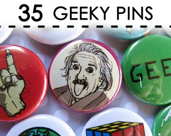 Geeky Nerdy Weird Pop Culture Buttons Pins Set Gifts for Geeks Nerds Weirdos - Pack of 35 Mini