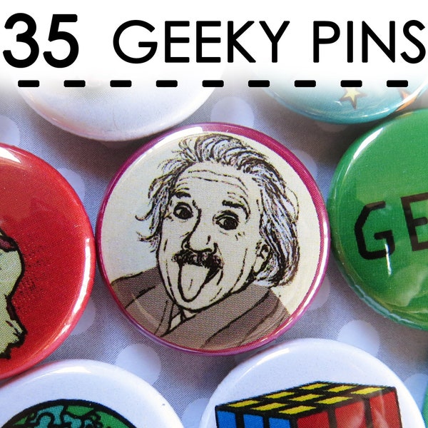 Geeky Gift for Geeks, Geeky Gifts for Nerdy Teens Guys Girls Him, Weird Pop Culture Buttons Pins, Set of 35 Mini