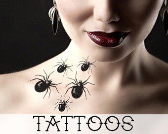 ブラックウィドウスパイダーの一時的なタトゥー - ハロウィンコスチュームのフェイクタトゥー - 不気味で不穏でセクシー - メイクアップアクセサリー