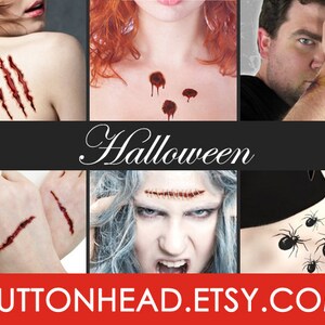 May include: A collection of temporary Halloween tattoos featuring realistic designs including red claw marks, dark puncture wounds, bruised skin patches, linear stitches, and black spiders. The word Halloween is centered, and BUTTONHEAD.ETSY.COM is at the bottom.