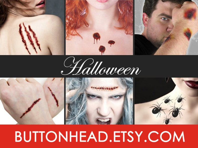 May include: A collection of temporary Halloween tattoos featuring realistic designs including red claw marks, dark puncture wounds, bruised skin patches, linear stitches, and black spiders. The word Halloween is centered, and BUTTONHEAD.ETSY.COM is at the bottom.
