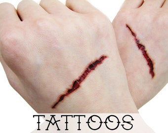 切り裂き傷の偽の傷跡の一時的なタトゥー - ハロウィンコスチュームアクセサリー - 血まみれの手首の切り傷跡
