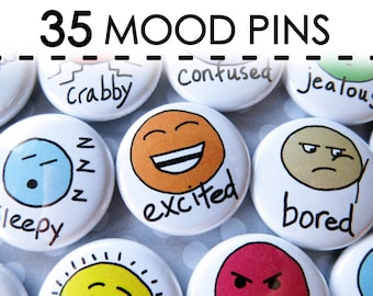 Herramientas de aprendizaje emocional, gráficos de emociones y sentimientos para niños, aulas, terapias y entornos laborales: 35 botones con estados de ánimo