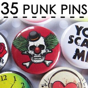 Punk Grunge Buttons Pins Rebel Set Pack of 35 1 Pinback Collectible Collection image 1
