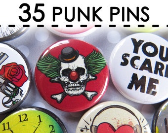 Punk Grunge Buttons Pins Rebel Set Pack of 35 - 1” Pinback Collectible Collection