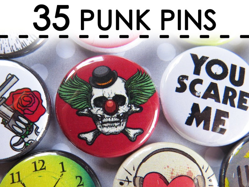 Punk Grunge Buttons Pins Rebel Set Pack of 35 1 Pinback Collectible Collection image 1