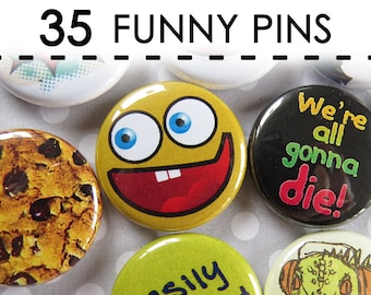 Funny Pinback Buttons Pins Set- Gift for Teens Teenage Girl or Boy - Pack of 35 - 1” Mini Collectibles