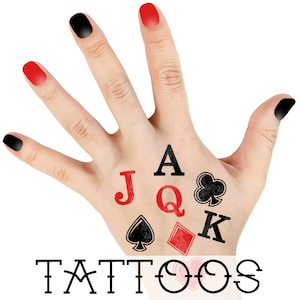 Tatuagens temporárias de fantasia de baralho - Palhaço Coringa, traje de bobo da corte, tatuagens de pôquer - Acessórios para fantasia de rainha de copas, Halloween