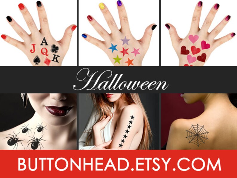 Puede incluir: Una colecci&oacute;n de tatuajes temporales con s&iacute;mbolos de cartas de juego, estrellas coloridas, corazones, ara&ntilde;as negras, una fila vertical de estrellas negras y un dise&ntilde;o de telara&ntilde;a. La imagen incluye el texto Halloween y BUTTONHEAD.ETSY.COM.