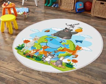 Cheerful Forest Children's Rug,Best Gift İdeas ,Handmade Product,Digital Printed Carpet,Forest animal area rug,Cute adorable round carpet