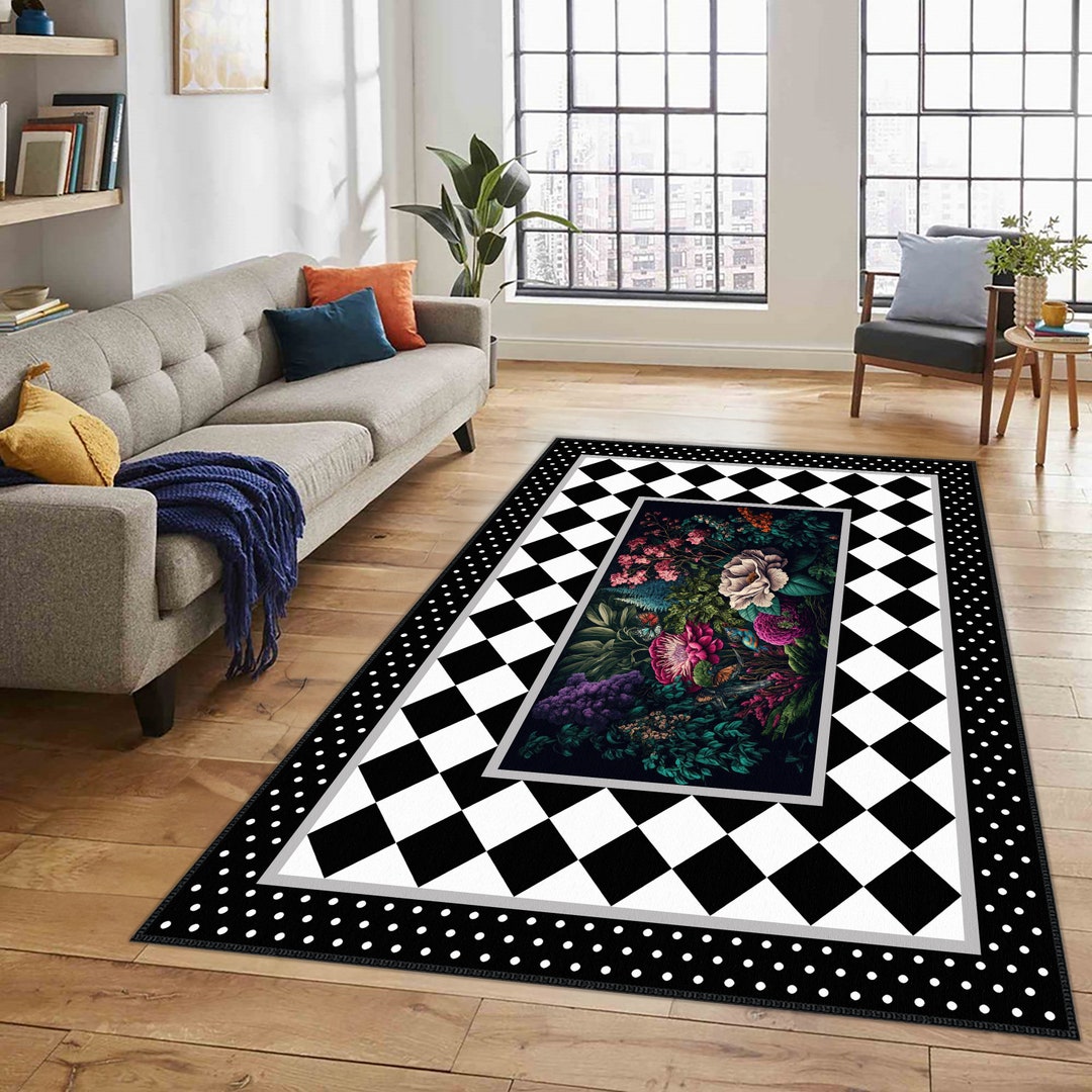 Floral Area Rug, Black Checkers Runner, Chequered Non Slip Carpet ...
