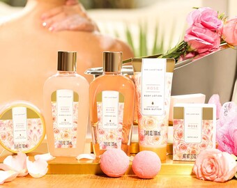 Cestas de regalo de spa para mujeres - Set de regalo de baño de rosas de 9 piezas para ella